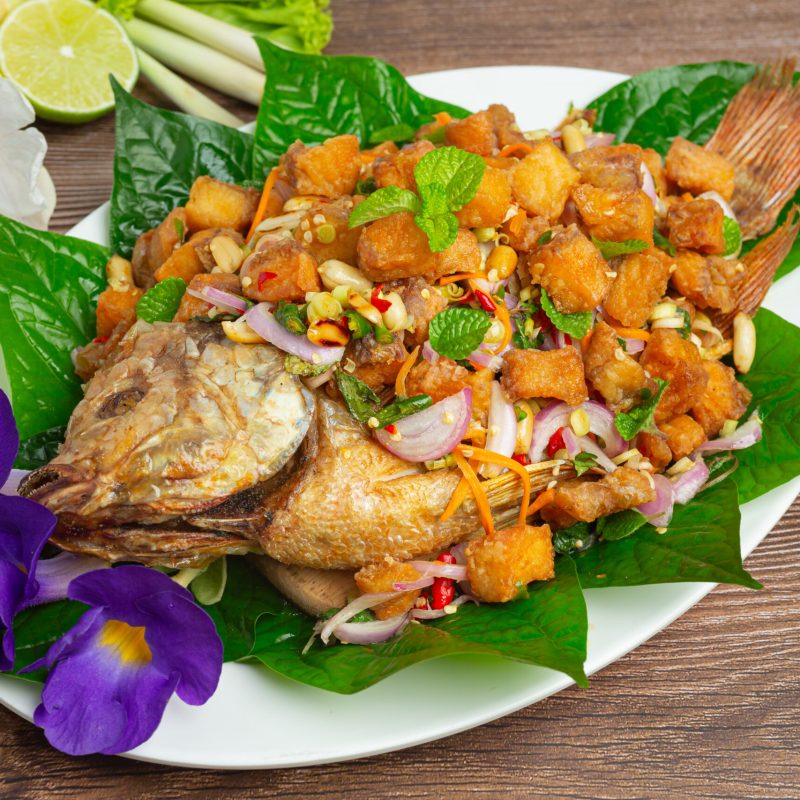Spicy Fried Tubtim Fish Salad, Spicy, Thai Food.